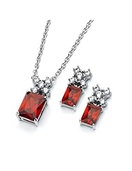 Rhodium Plated 925 Sterling Silver Rectangle Cut Prong Set Ruby Cubic Zirconia CZ Designer Elegant Earrings and Necklace Set