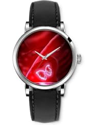 SPRAWL Aanalog Fashion Series Silver Ladies Watches of Genuine Black Leather Strap,Unique Wrist Watch for Women Girls Designed with Form of a butterfly on red petal