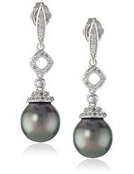 14k White Gold, Tahitian Cultured Pearl and Diamond Dangle Earrings (0.2 cttw, GH Color, I1-I2 Clarity)