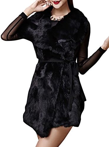 OUYIDIAN Women's Belts Sleeveless Wide Lepel Fur Vests Outerwear Black M