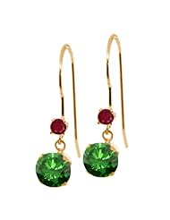 1.34 Ct Round Green Diamond Red Ruby 14K Yellow Gold Earrings