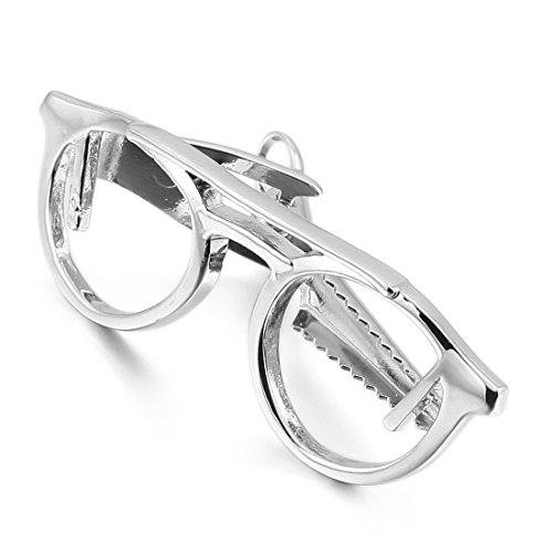Men's Rhodium Plated Necktie Tie Clip Bar Silver Glasses Wedding Punk Rock Biker