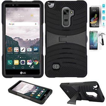 Phone Case for LG Stylo 2 4g LTE Tempered Glass Screen Protector with Heavy Duty Armor Cover Black-Black Stand