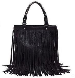Women Punk Tassel Fringed Handbags Pu Leather Tote Shoulder Bags - Black