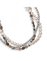 MMA Silver - 17 inch+2 inchExtension Triple Strand Cultured Freshwater Pearl and Quartz Necklace