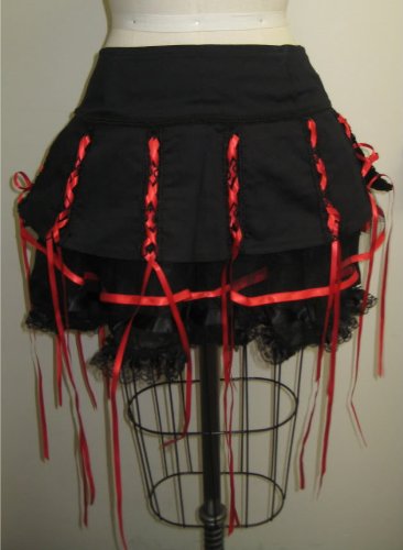 Living Dead Souls Womens Sexy Black Ruffle Skirt with Red Ribbon Accents- Medium