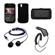 Blackberry Bold 9650 Premium Black Leather Carrying Pouch+Rubberized Black Snap-on Hard Case Cover+Purple Stereo In-ear Headphones+Rapid Car Charger Combo For Blackberry Bold 9650