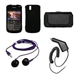 Blackberry Bold 9650 Premium Black Leather Carrying Pouch+Rubberized Black Snap-on Hard Case Cover+Purple Stereo In-ear Headphones+Rapid Car Charger Combo For Blackberry Bold 9650