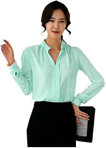 MENO Women's Casual Long Sleeves V-neck Shirts Lady Chiffon Tops Blouses (XL, Green)
