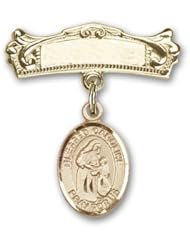 14K Gold Baby Badge with Blessed Caroline Gerhardinger Charm and Arched Polished Badge Pin