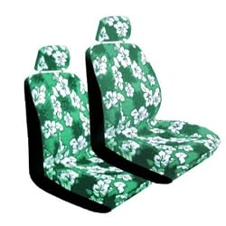 - 	 Set of 2 Universal Fit Hawaiian Low Back Front Bucket Seat Cover With Separate Headrest Cover for Seats - Green Hawaii Hibiscus Floral Print