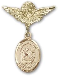Gold Filled Baby Badge with St. Jason Charm and Angel with Wings Badge Pin