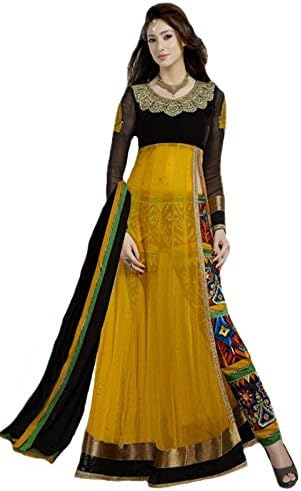 Rozdeal Women's Net Embroidered Unstitched Long Sleeve Suit Free Size Yellow