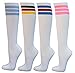 COUVER Premium Quality White Striped Knee High Fashion Casual Tube Cotton Socks (1 Pair) (Medium, Carolina Blue/Dark Orange/Carolina Blue)