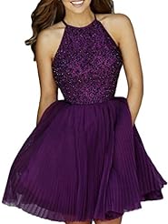 Halter Pleated Backless Beaded Satin/Tulle Short Prom Dress 