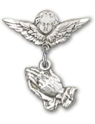 Sterling Silver Baby Badge with Praying Hands Charm and Angel with Wings Badge Pin