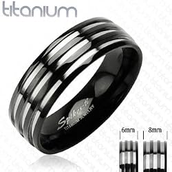 Solid Titanium with Three Stripes on a Black Band Ring
