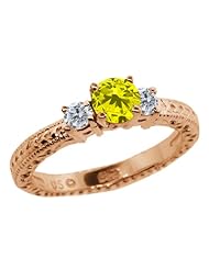 0.79 Ct Round Canary and G/H Diamond 925 Rose Gold Plated Silver 3-Stone Ring