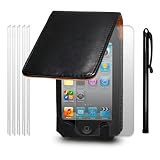 IPOD TOUCH 4 PU LEATHER FLIP CASE - BLACK, WITH 6 SCREEN PROTECTORS & 1 STYLUS