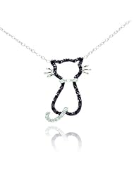 Rhodium Plated 925 Sterling Silver Black & White Cubic Zirconia CZ Kitty Cat Animal Charm Pendant Necklace with 17"-18" Adjustable Link Chain