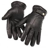 Mens Luxury Soft Genuine Black Leather Gloves with Full Wool Fleece Lining and Stud Strap Fastner. Size Medium