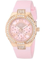 GUESS Womens U0300L3 Mid-Size Multi-Function Pink Silicone Watch with Rose Gold-Tone Case & Genuine Crystal Accents