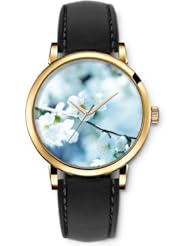 SPRAWL Aanalog Fashion Series Gold Ladies Watches of Genuine Black Leather Strap,Unique Wrist Watch for Women Girls Designed with Flowers on the branches