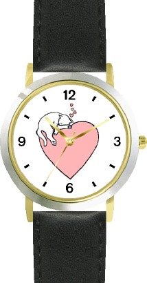 Cat Sleeping - Pink Heart - Cat - WATCHBUDDY® DELUXE TWO-TONE THEME WATCH - Arabic Numbers - Black Leather Strap-Size-Large ( Men