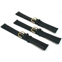 3 Black Leather Watch Bands Padded Smooth Calf 18mm New