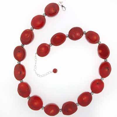 Sterling Silver Simulated Red Coral Nugget Bali Bead Necklace