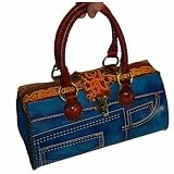 A Luxurious Genuine Leather Handbag with Jeans Designs, 100% Handmade, Attractive Green or Blue. Unique !