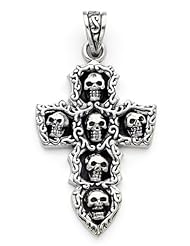 Sterling Silver Cross Pendant with Skulls