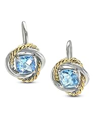 CleverEve Designer Series Rhodium & Yellow Gold Plated Frenchwire Rope Accent Silver Earrings w/ Prong Set Cushion Cut Natural Genuine Blue Topaz Stones