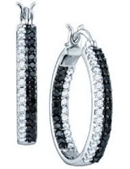 10K White Gold 0.98CT Black and White Diamond Pave Fashion Hoops