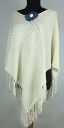 Handmade Comfortable Organic Poncho - Natural with Elegant Embellishment and Crocheted Flower (One-of-a-kind, Recommended for Women wearing LARGE size clothing)