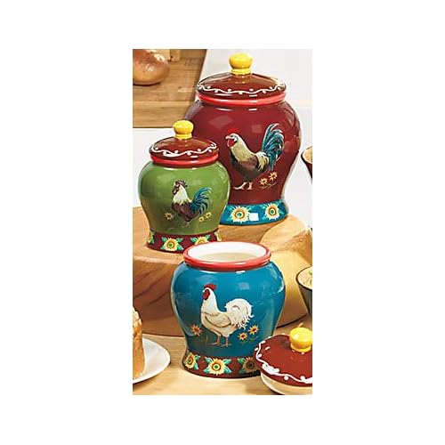 EARTHENWARE COUNTRY ROOSTER & SUNFLOWER CANISTER SET INSPIRED BY AMERICAN FOLK ART