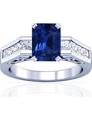Platinum Emerald Cut Blue Sapphire Ring With Sidestones