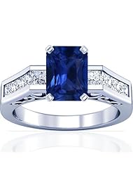 14K White Gold Emerald Cut Blue Sapphire Ring With Sidestones