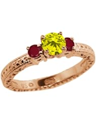0.83 Ct Round Canary Diamond Red Ruby 14K Rose Gold 3-Stone Ring