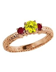 0.83 Ct Round Canary Diamond Red Ruby 18K Rose Gold 3-Stone Ring