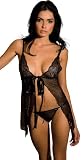 Rene Rofe 2-Piece Sparkle Mesh and Lace Babydoll and G-String Set, Black, Small/Medium