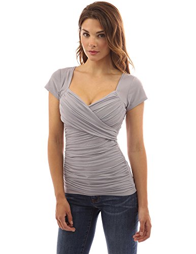 PattyBoutik Women's Cross Front V Neck Ruched Mesh Blouse (Light Gray S)