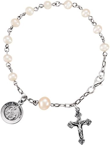 Sterling Silver First Holy Communion Freshwater Cultured Pearl Rosary Bracelet