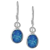 Delicate Sterling Silver .925 Stamp Hypoallergenic Nickel Free Sturdy Blue Opal Oval Earrings