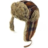New Faux Fur Plaid Trooper Pilot Ski Hat Brown Navy Medium Large
