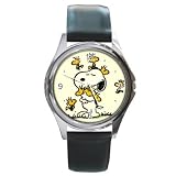 Round Silver Metal Watch of Art Deco Snoopy with Woodstock & Friends (Charlie Brown, Peanuts, Halloween, Charles Schultz)
