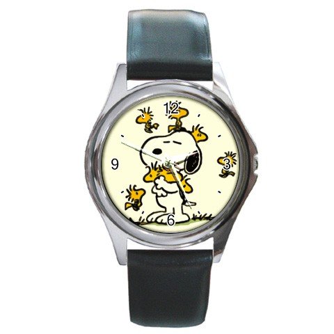 Round Silver Metal Watch of Art Deco Snoopy with Woodstock & Friends (Charlie Brown, Peanuts, Halloween, Charles Schultz)