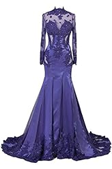 Sexy Long Sleeves Mermaid High-Neck Satin Applique Crystal Lace Evening Dress/Prom Dress/Party Dress  with a Brush/Sweep Train 