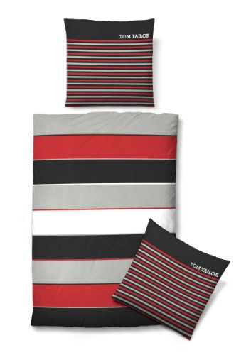 Tom Tailor Feinbiber-Bettwäsche 9684-811 Blockstreifen schwarz-rot-grau 155x220