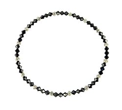 Anklet - A65 - Stretch - 4mm Swarovski (tm) Crystal and Silver Tone Heishi Beads ~ Jet Black